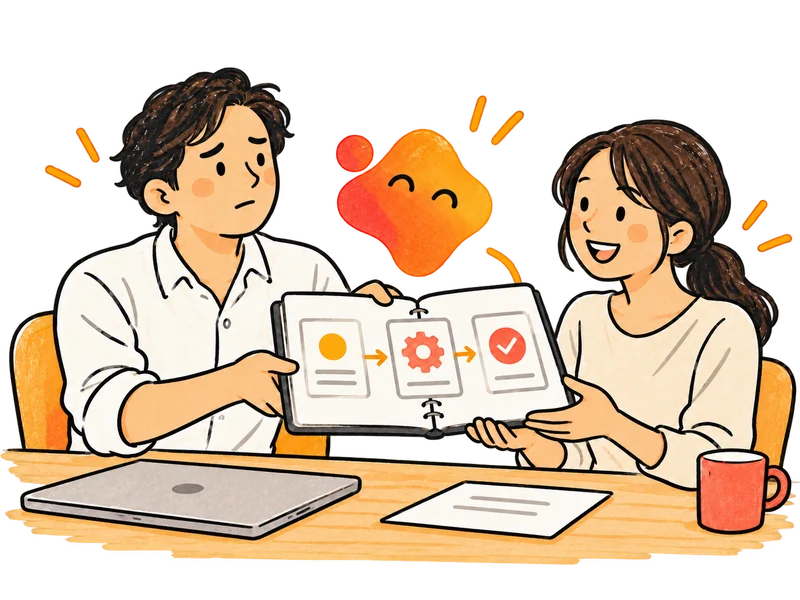 仕事を任せる段取りに悩み、担当者と手順書を確認する社長